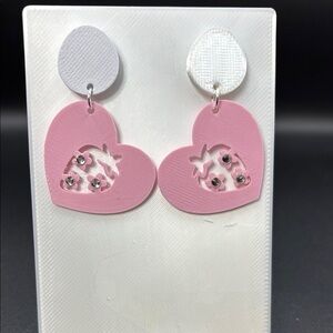Pink Heart Strawberry Earrings with Floral Design